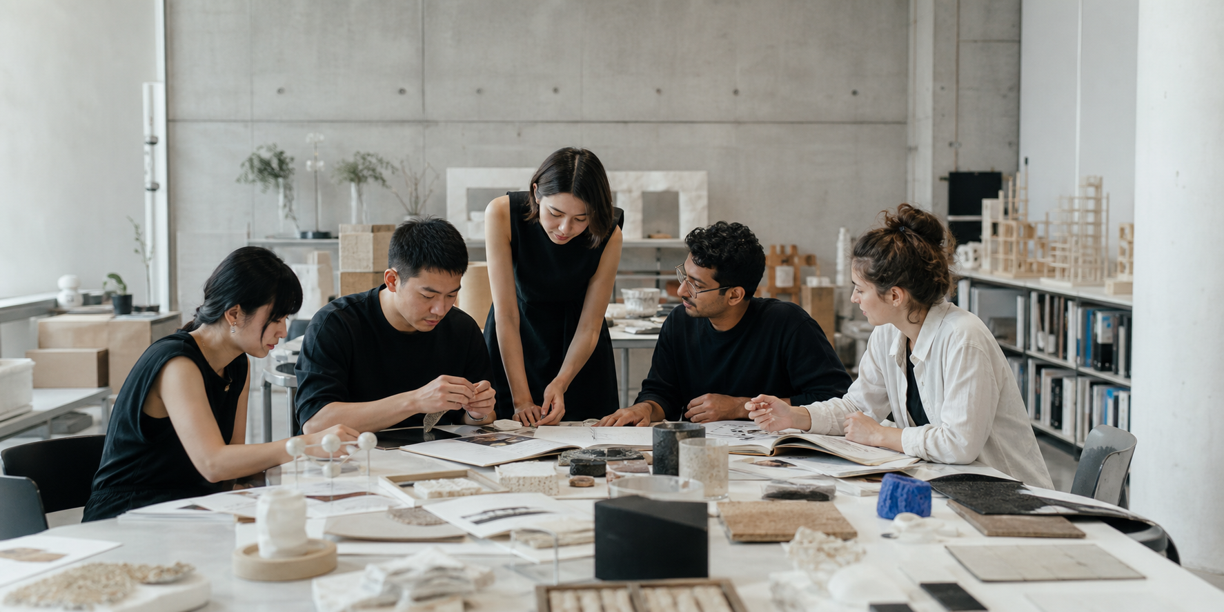 International design researchers collaborating with sustainable materials and prototypes in a university studio