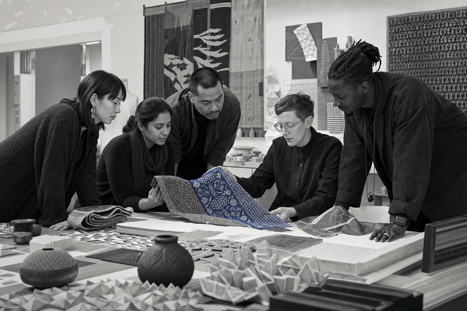 International designers examining textiles and cultural artifacts together