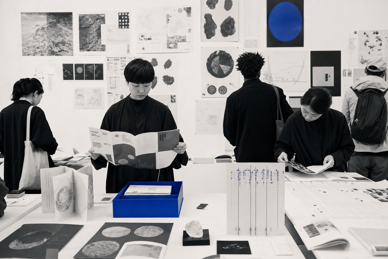Visitors exploring graphic publications, information design, prints, and public knowledge displays